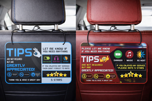 Passenger Feedback and Tip Reminder Sign for Vehicle Interior, Seat-Back Display Card