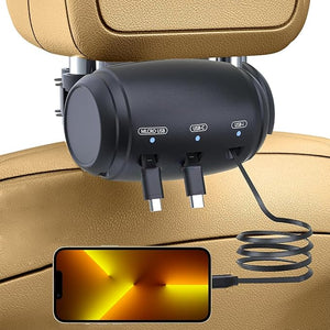 Backseat Charging Station – 3-in-1 Retractable Car Charger with Headrest Mount for Passengers