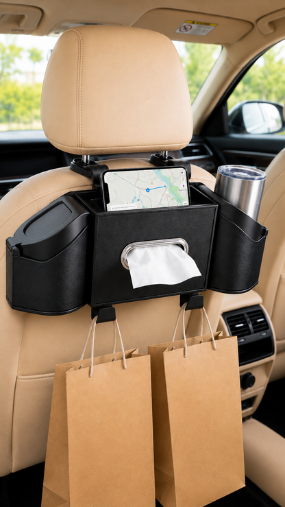 Car Backseat Organizer with Foldable Tray, Tissue Holder, Dual Cup Holders, Phone Holder, Storage Pockets, Back Seat Organizer for SUV, Truck & Car